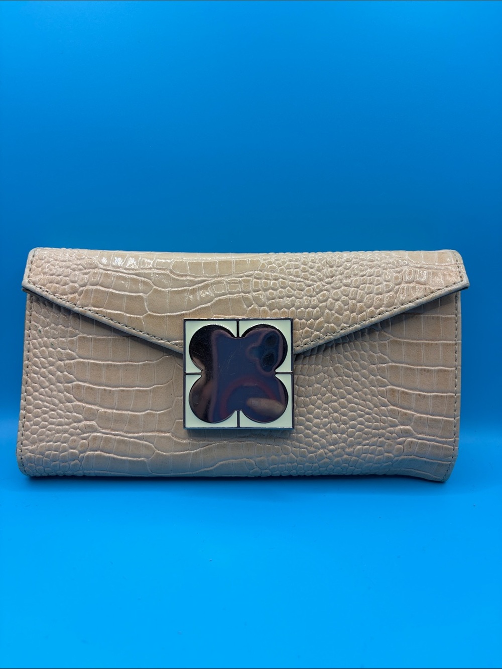 Liz Claiborne Taupe Croc-Embossed Envelope Clutch with Floral Accent
